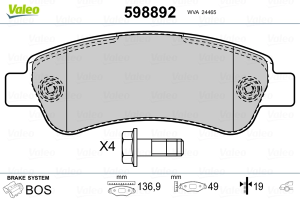 598892 VALEO Колодки тормозные дисковые комплект