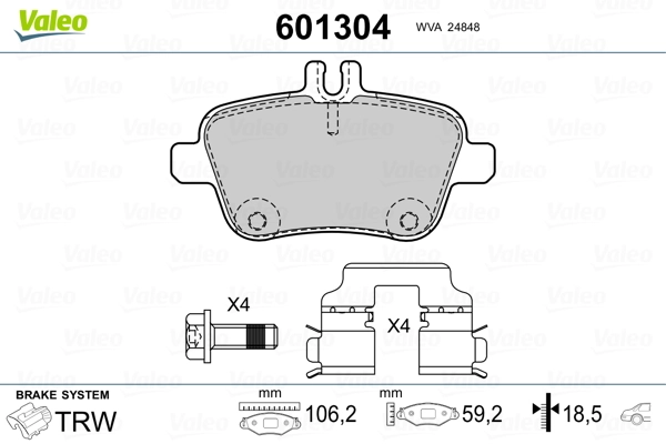 601304 VALEO Колодки тормозные дисковые комплект