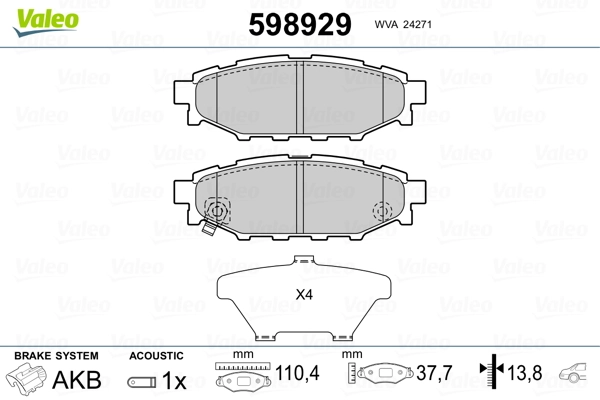 598929 VALEO Колодки тормозные дисковые комплект