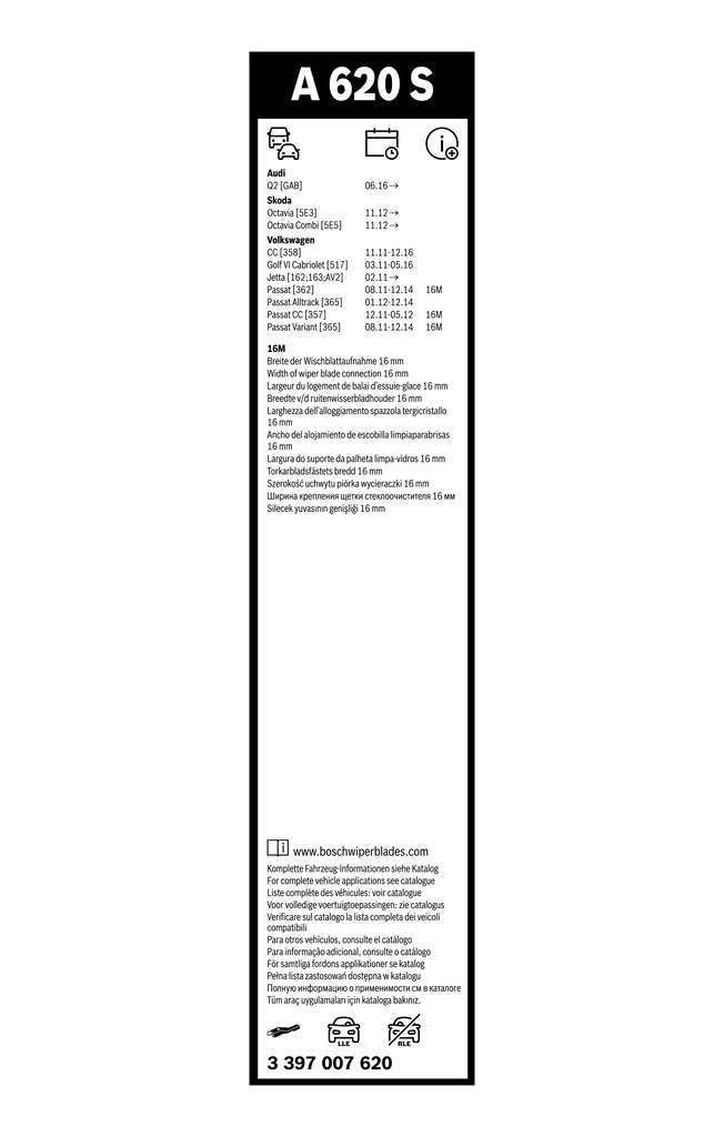 Щетки стеклоочистителя 3397007620 Bosch