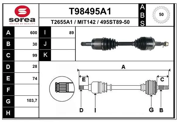 MR453383 Chrysler Полуось передняя левая