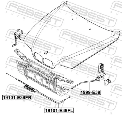 1999E39 Febest Трос открывания капота задний