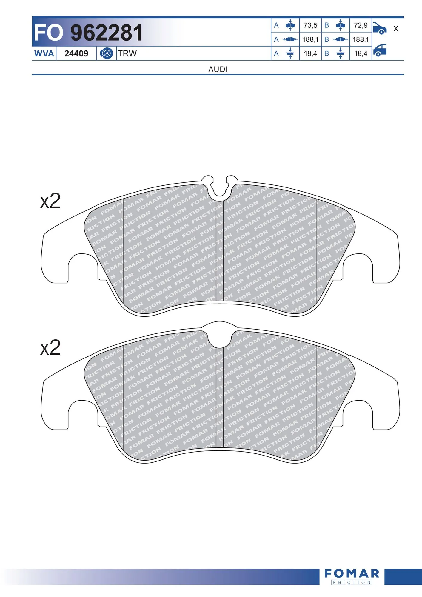 Колодки Audi Q5 внедорожник (8RB) (2008 - 2016) цена, от 46.49 USD