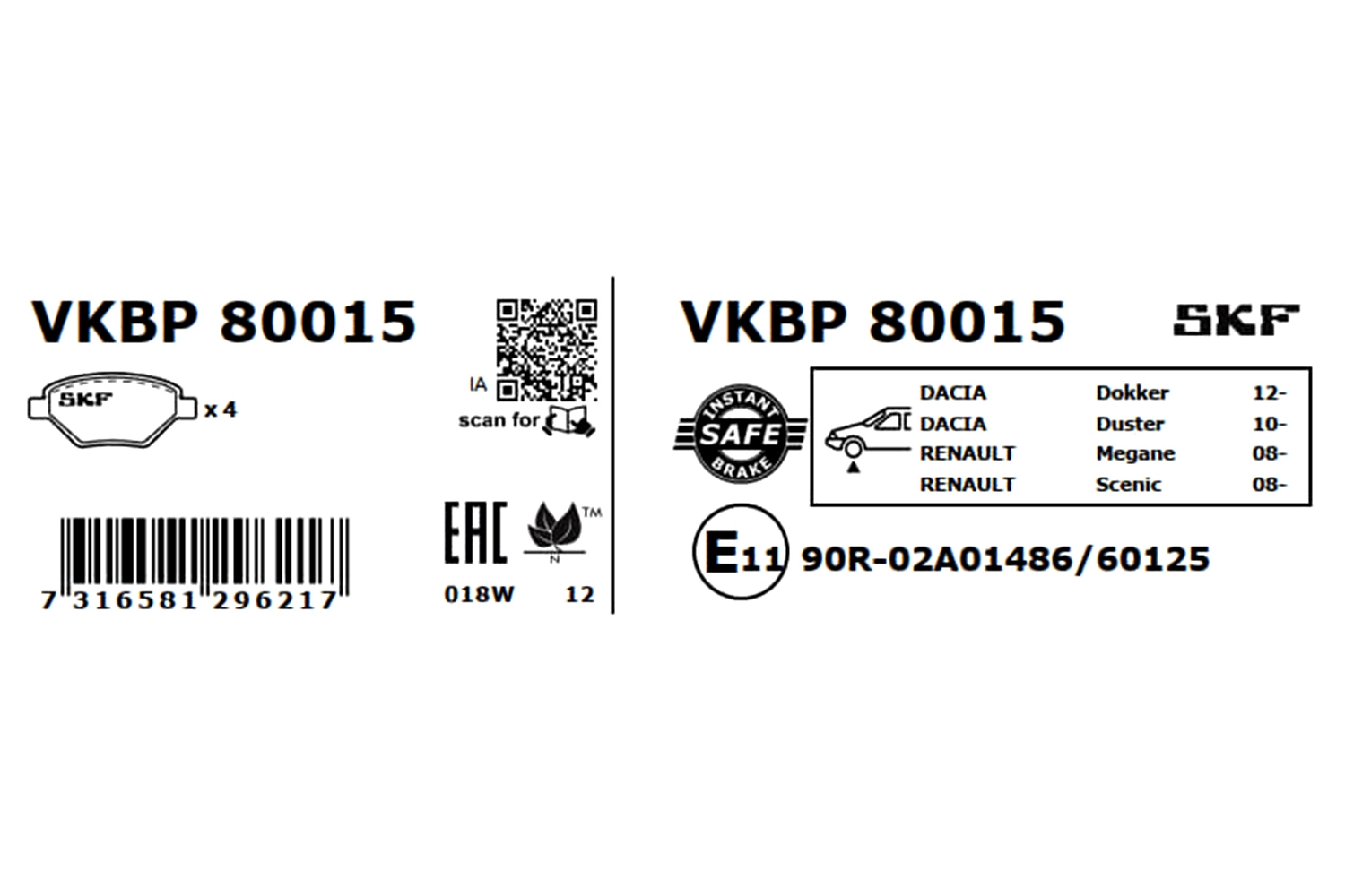 Купить VKBP80015 SKF Колодки тормозные
