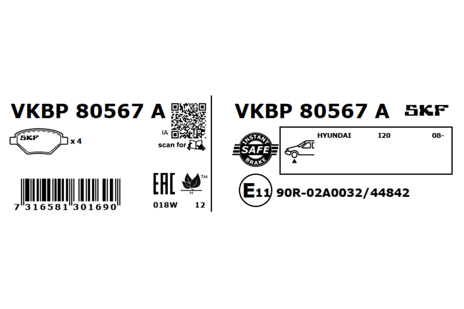 VKBP80567A SKF Колодки передние