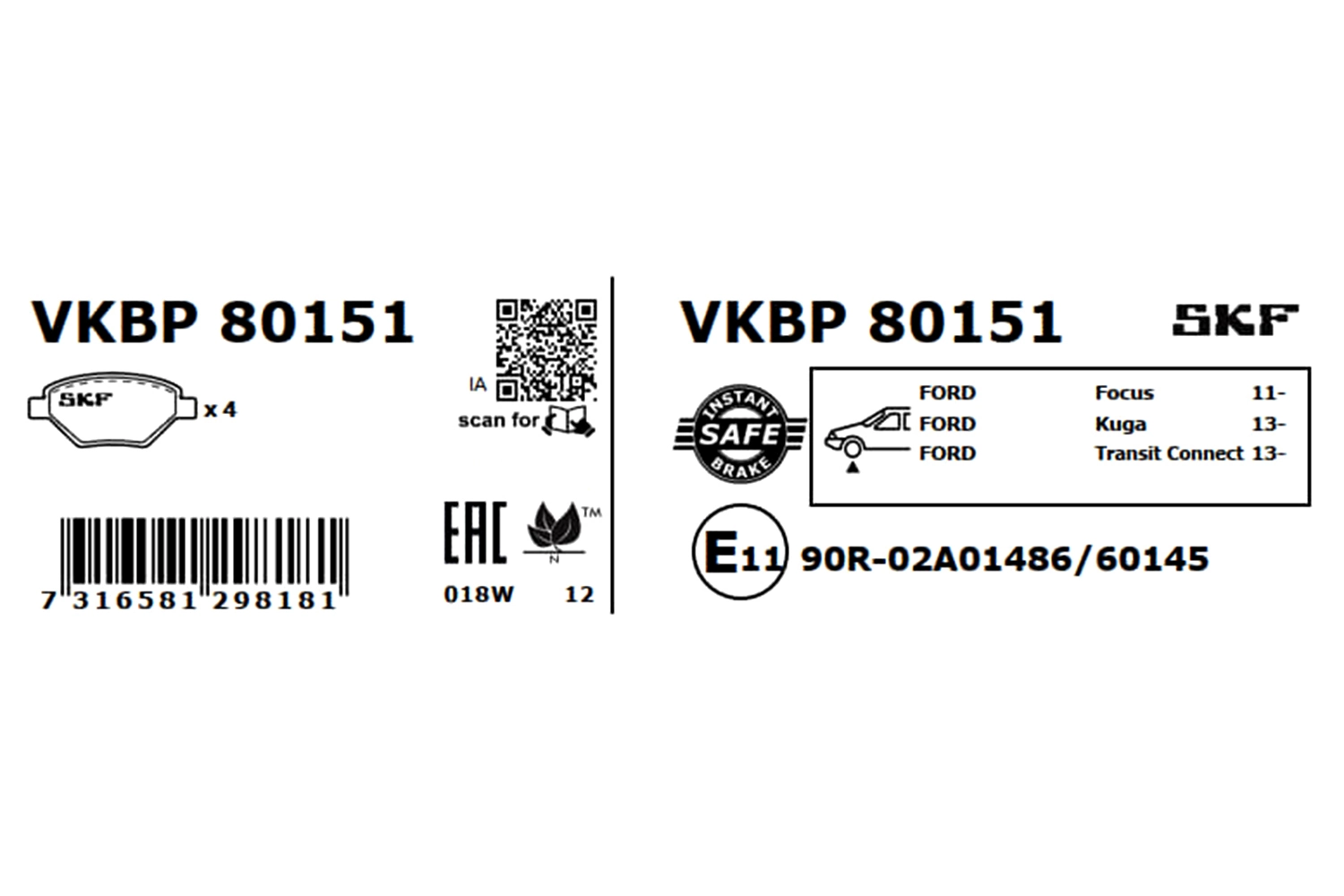 Передние тормозные колодки VKBP80151 SKF