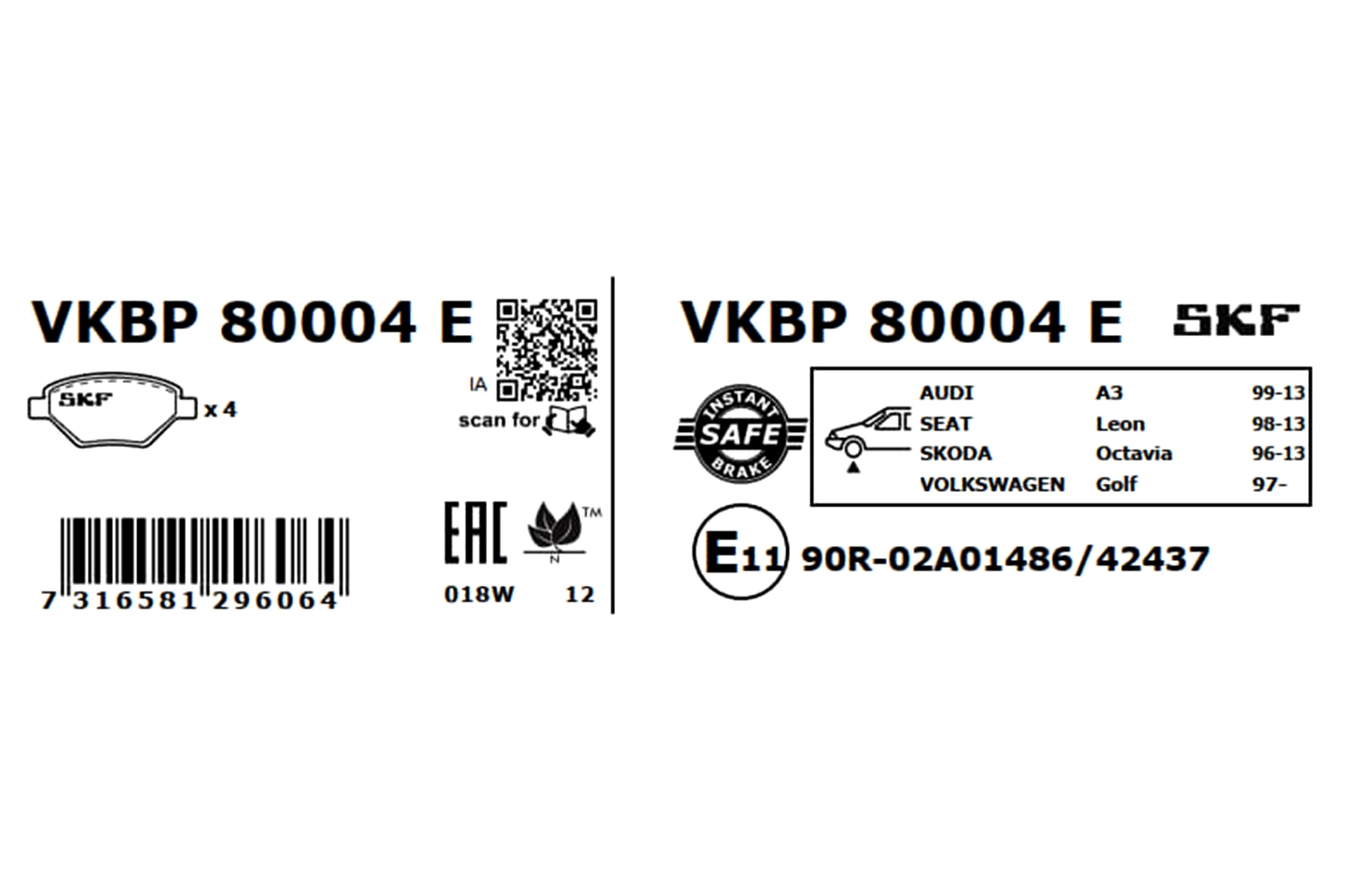 Купить VKBP80004E SKF Колодки тормозные