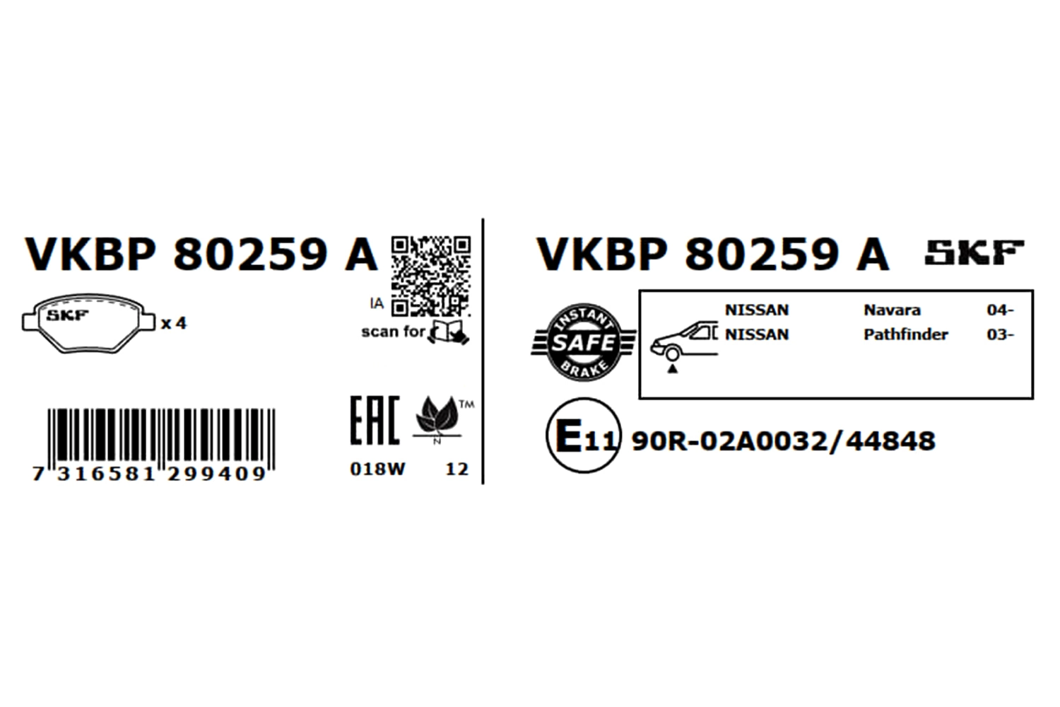 Колодки тормозные передние дисковые SKF VKBP80259A