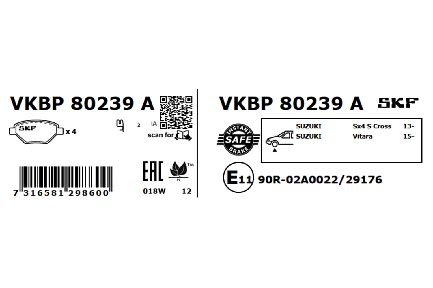 VKBP80239A SKF Колодки передние
