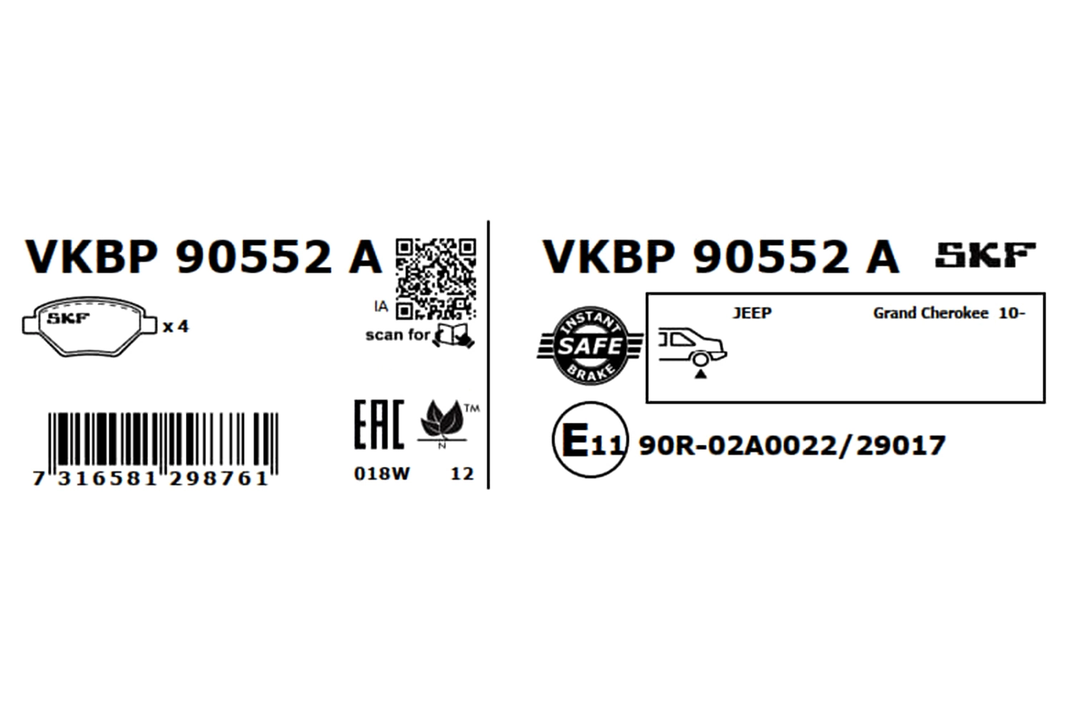 Задние дисковые колодки SKF VKBP90552A