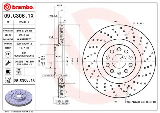 09C3061X BREMBO Disco de freno delantero original y equivalente