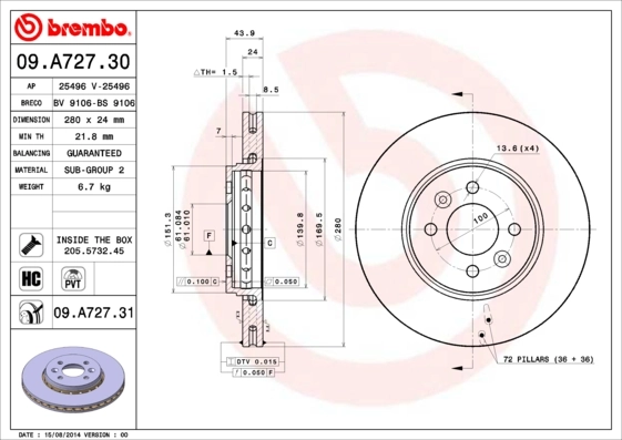 Диск тормозной передний BREMBO 09A72731