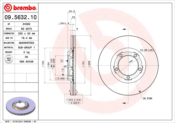 Freno de disco delantero 09563210 Brembo