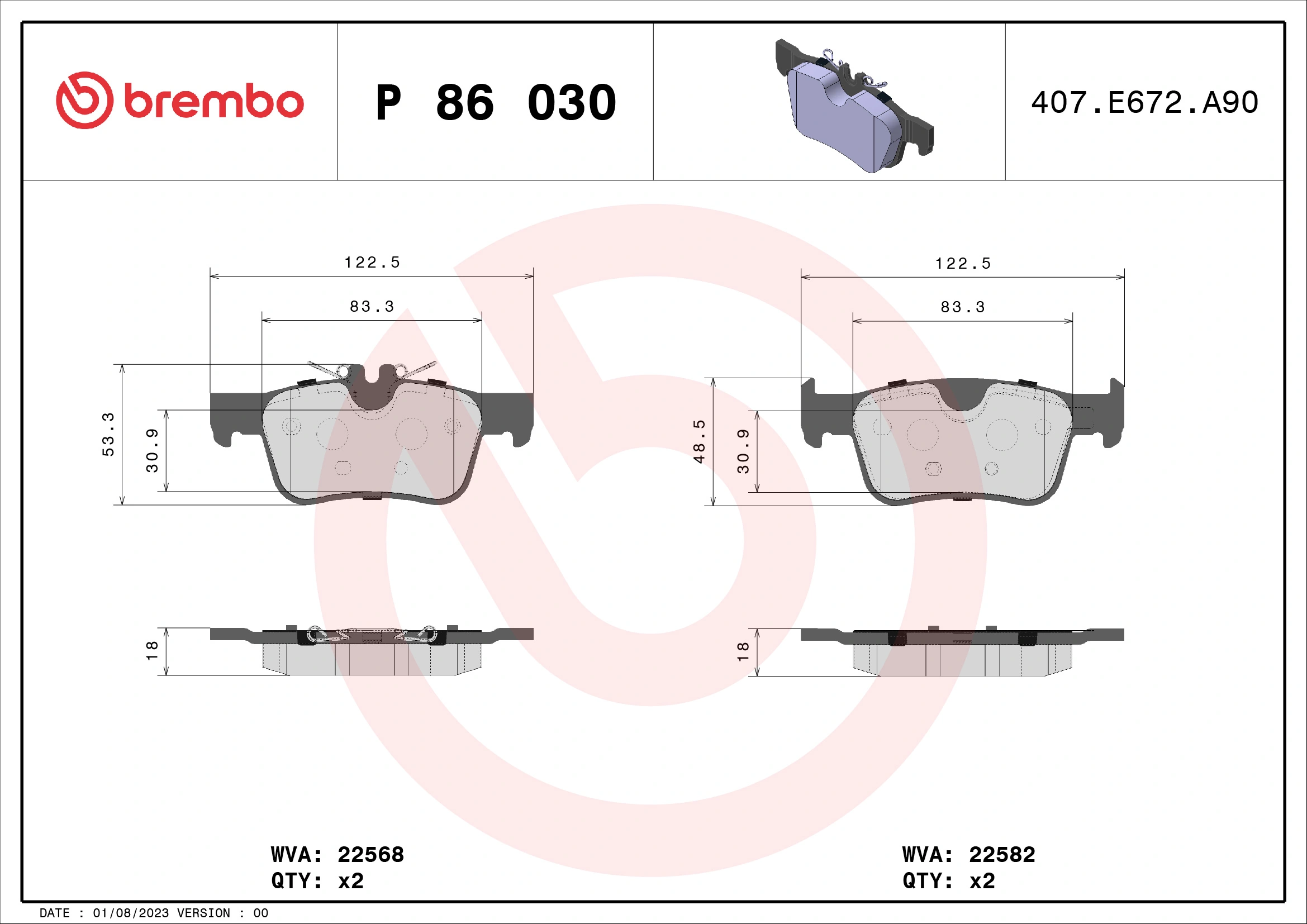 Колодки тормозные задние дисковые BREMBO P86030