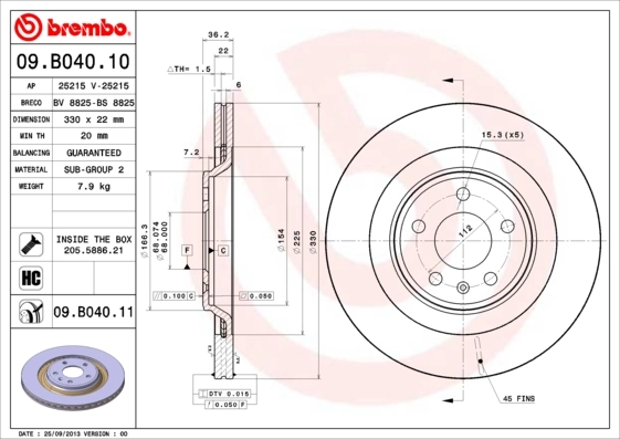 Диск тормозной задний BREMBO 09B04011