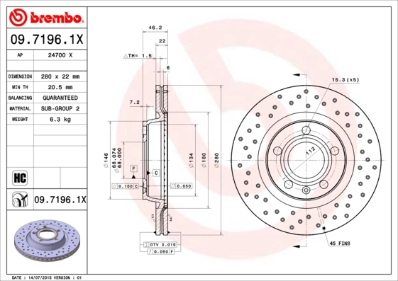 Диск тормозной передний BREMBO 0971961X