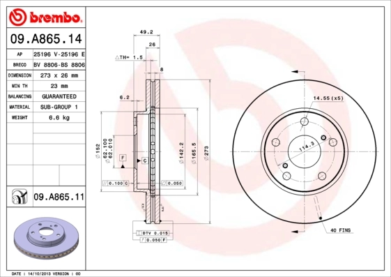 Диск тормозной передний BREMBO 09A86511