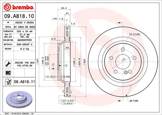 Диск тормозной задний BREMBO 09A81811