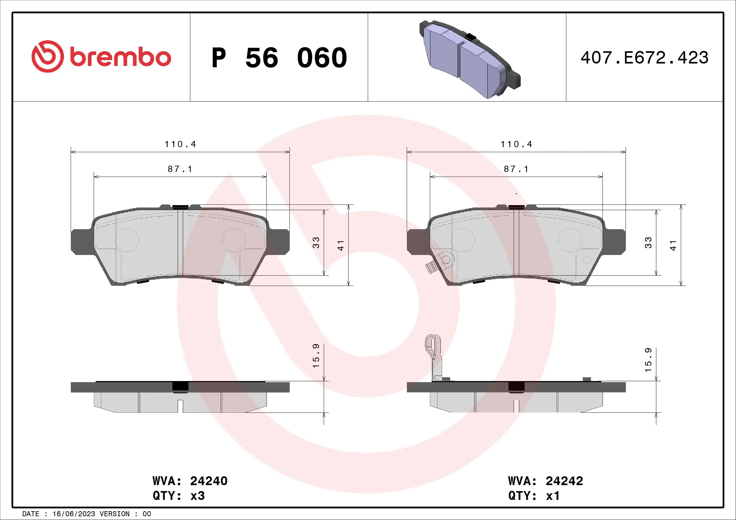 Колодки тормозные задние дисковые BREMBO P56060