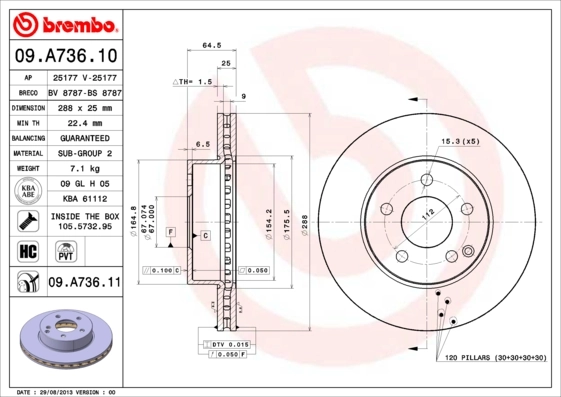 Диск тормозной передний BREMBO 09A73611