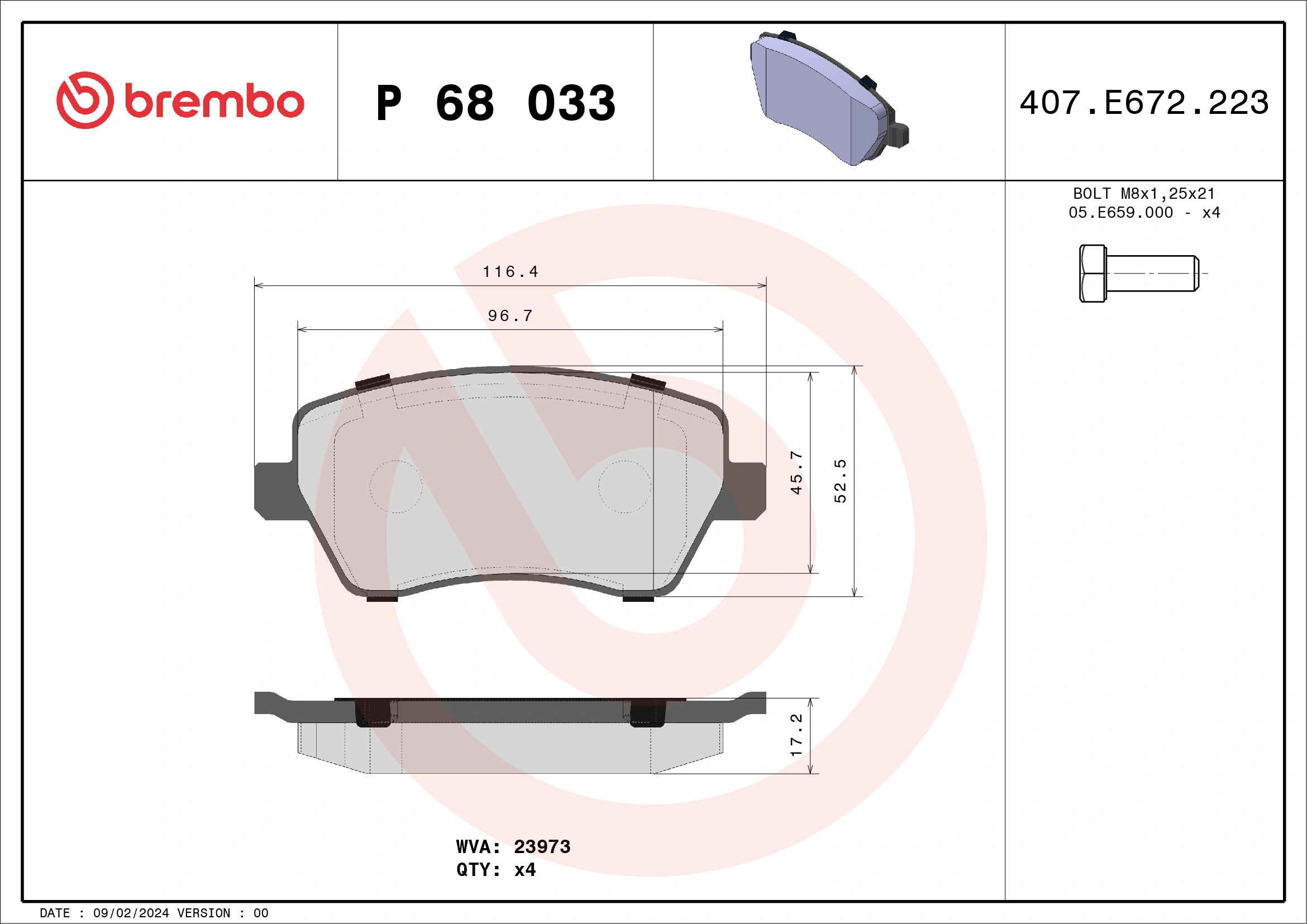P68033 BREMBO Pastillas de freno delanteras original y equivalente
