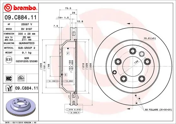 Disco de freno trasero 09C88411 Brembo
