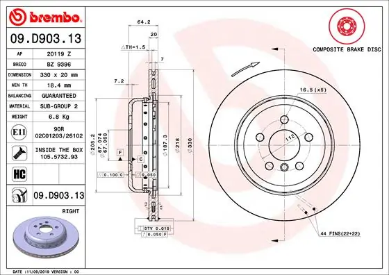 Диск тормозной задний BREMBO 09D90313