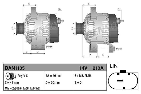 Автомобильный генератор Denso DAN1135 цена, от 135.14 USD