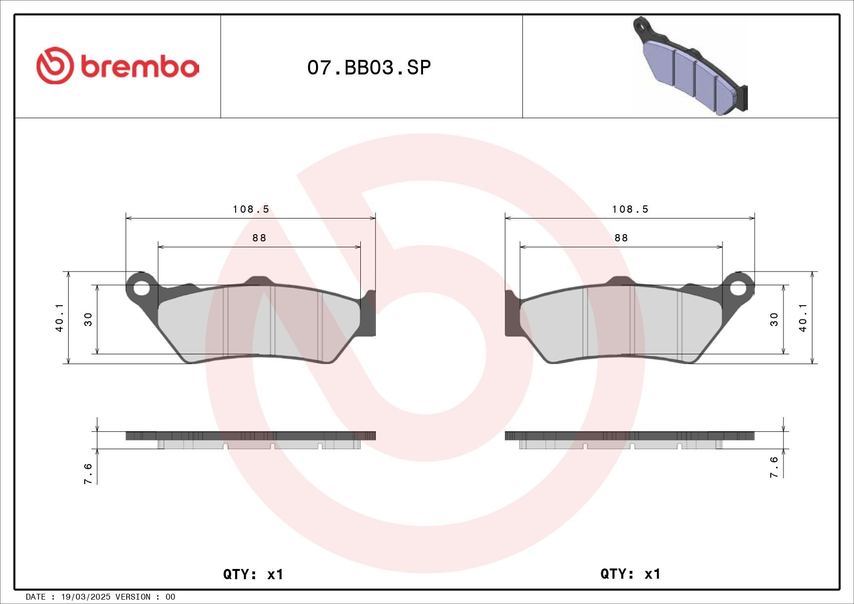 07BB03SP Brembo Колодки тормозные дисковые комплект