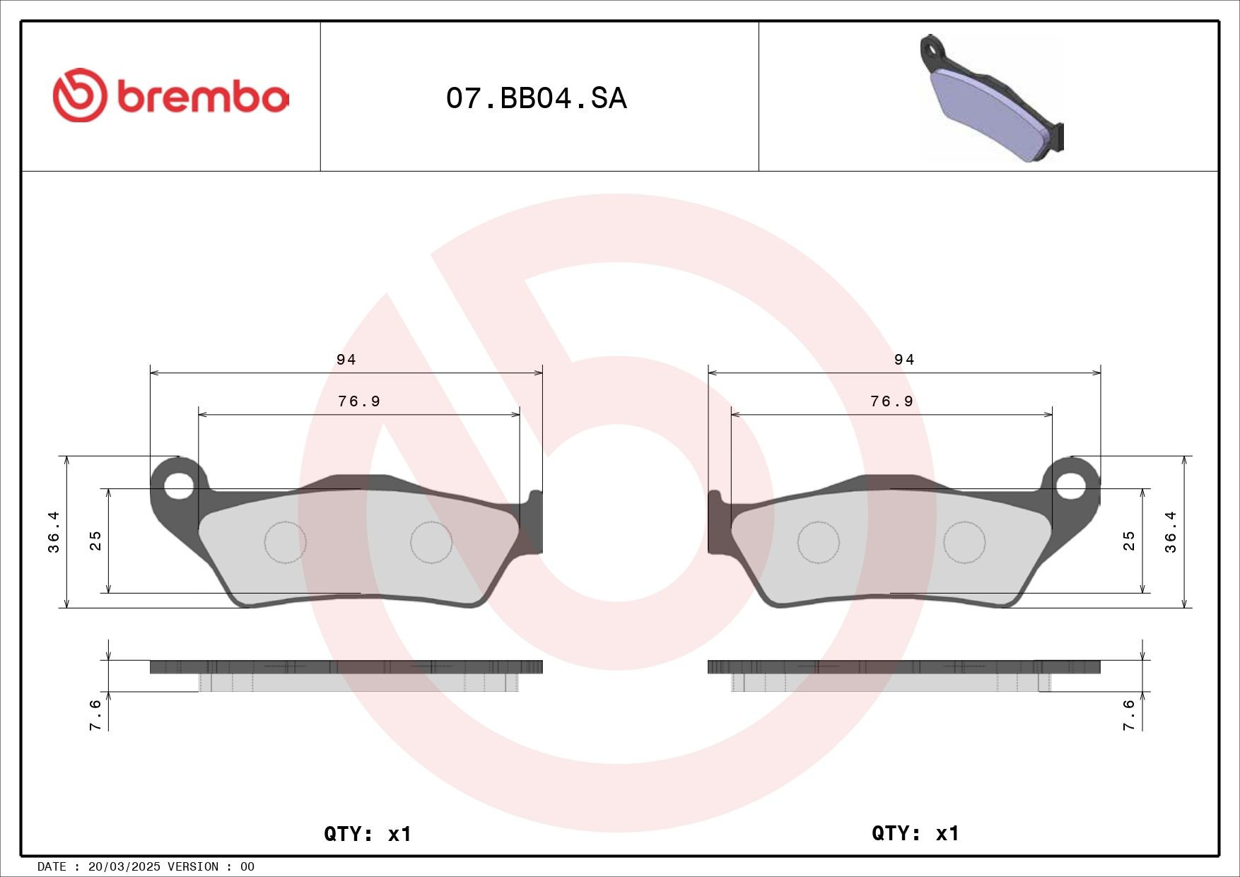 07BB04SA Brembo Колодки тормозные дисковые комплект