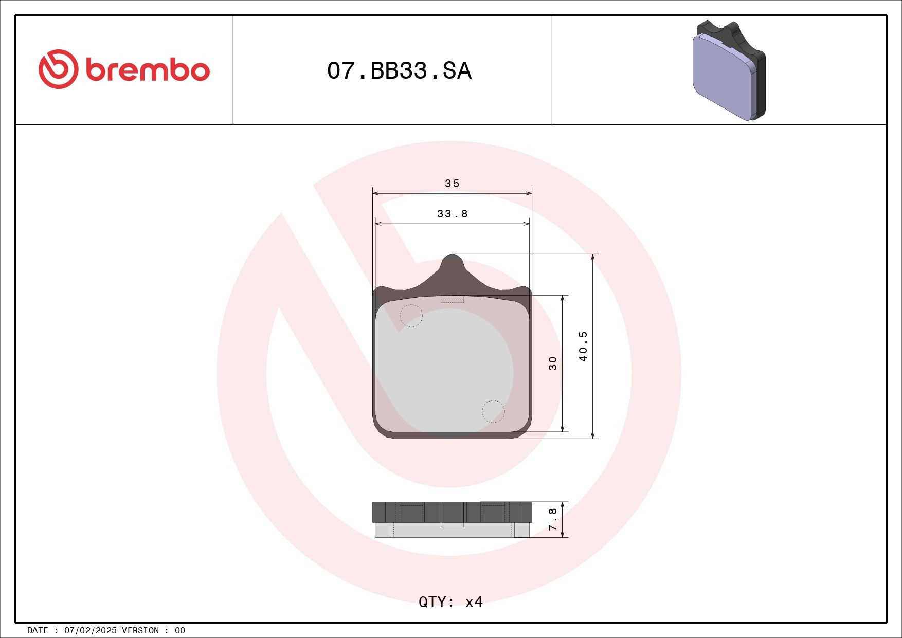 07BB33SA Brembo Колодки передние