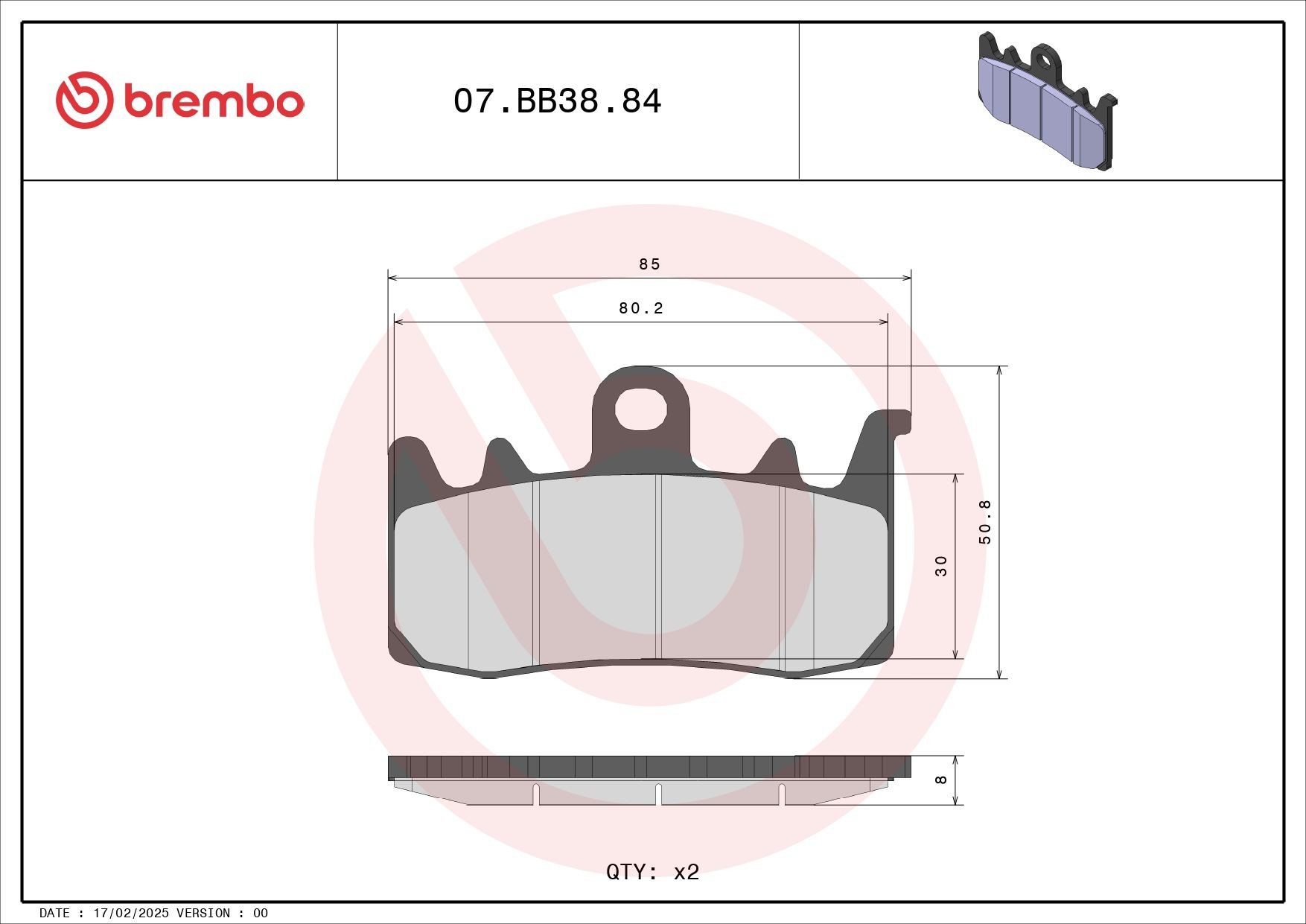 07BB3884 Brembo Колодки передние