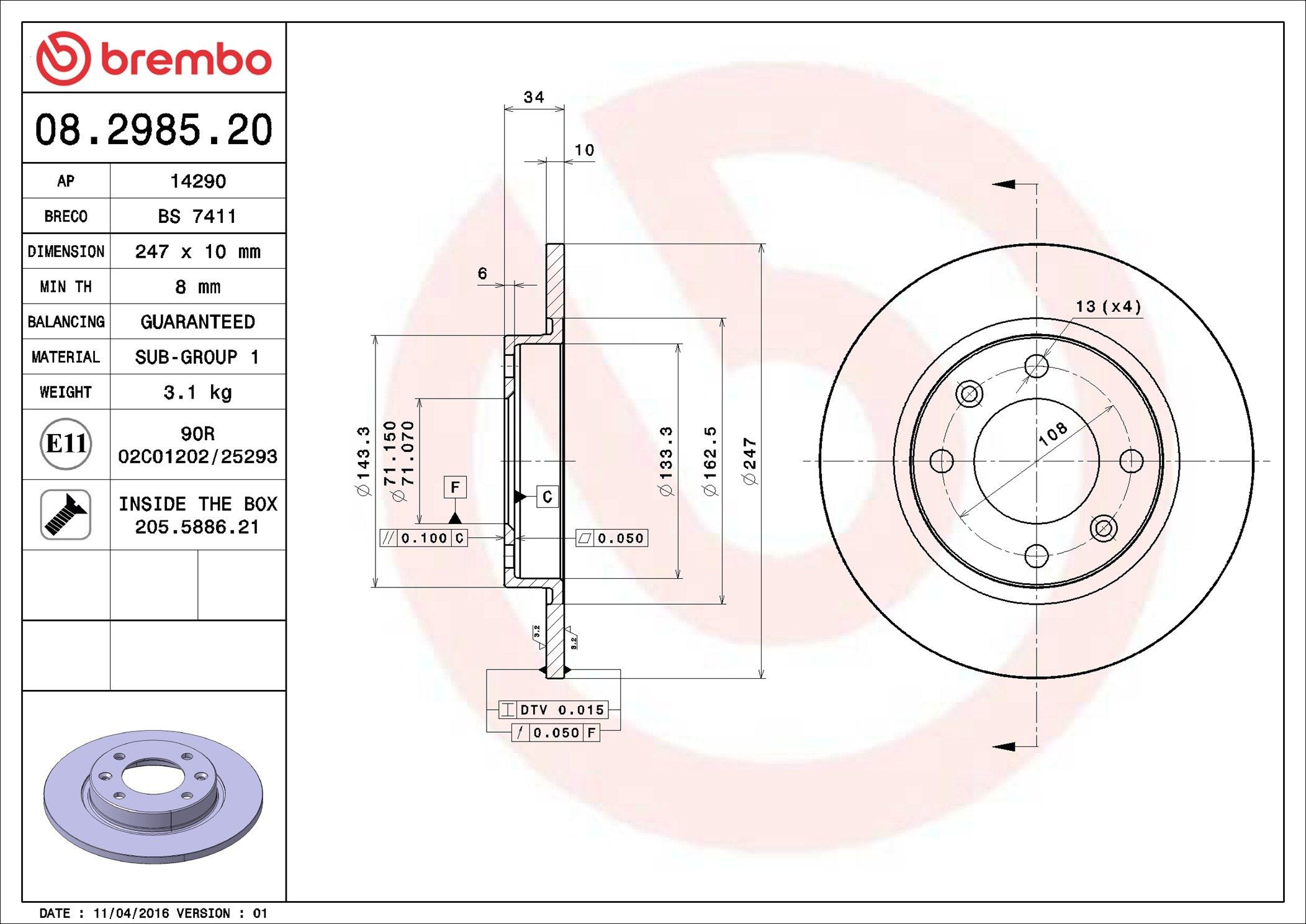 Тормозные диски 08298520 Brembo