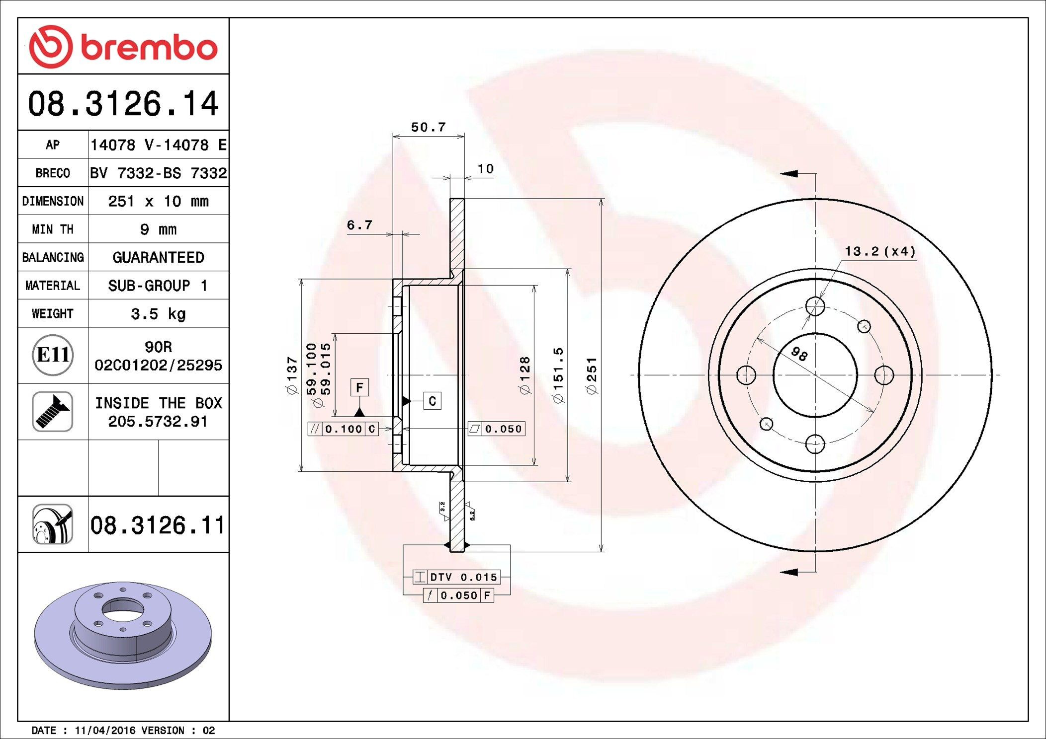 Задний тормозной диск Brembo 08312614 цена, от 25.10 USD