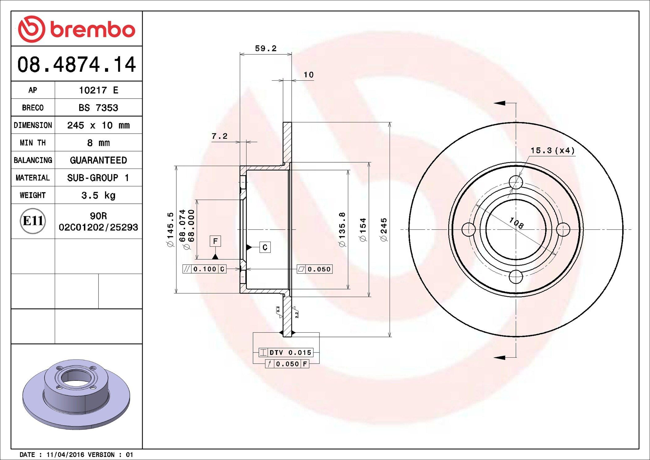 Задний дисковый тормоз Brembo 08487414