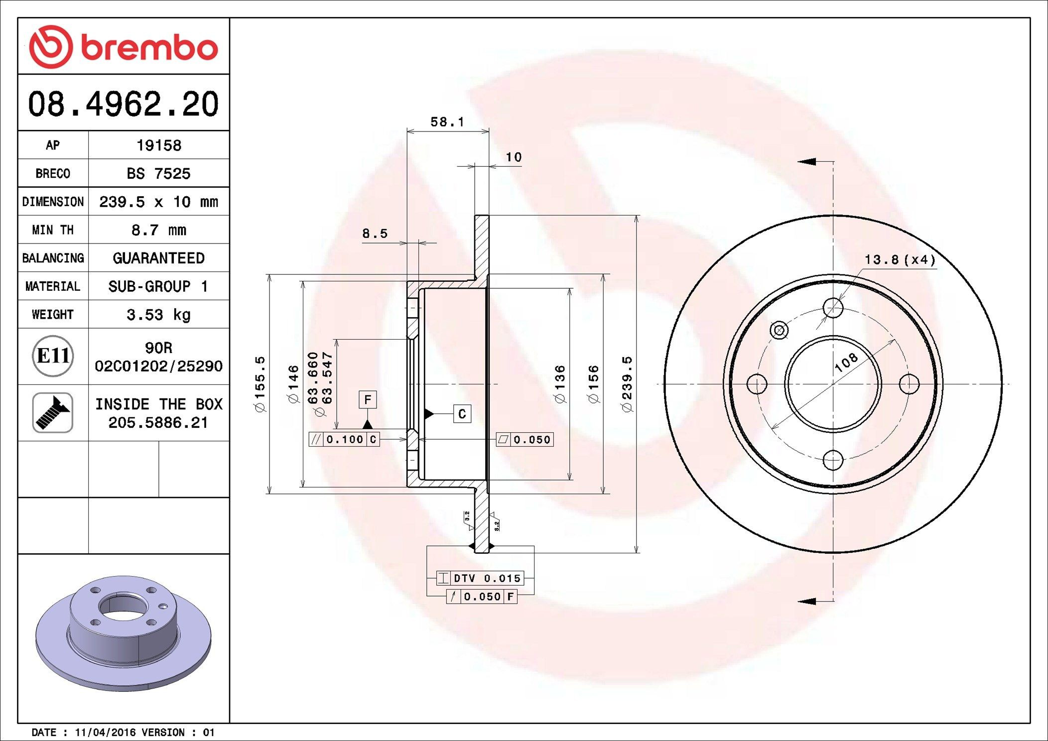 Тормоз дисковый передний Brembo 08496220 цена, от 20.82 USD