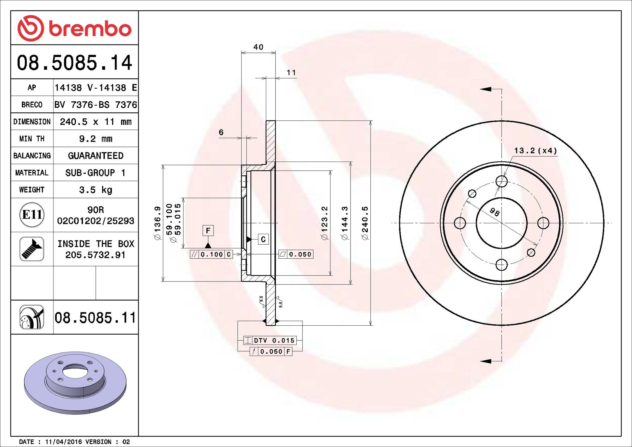 Тормоз дисковый передний Brembo 08508511 цена, от 22.84 USD