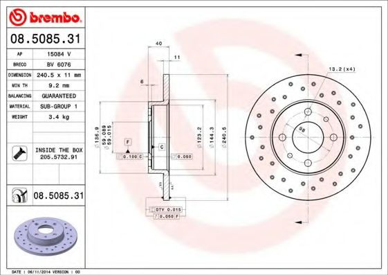 Купить 08508531 Brembo Диск тормозной задний