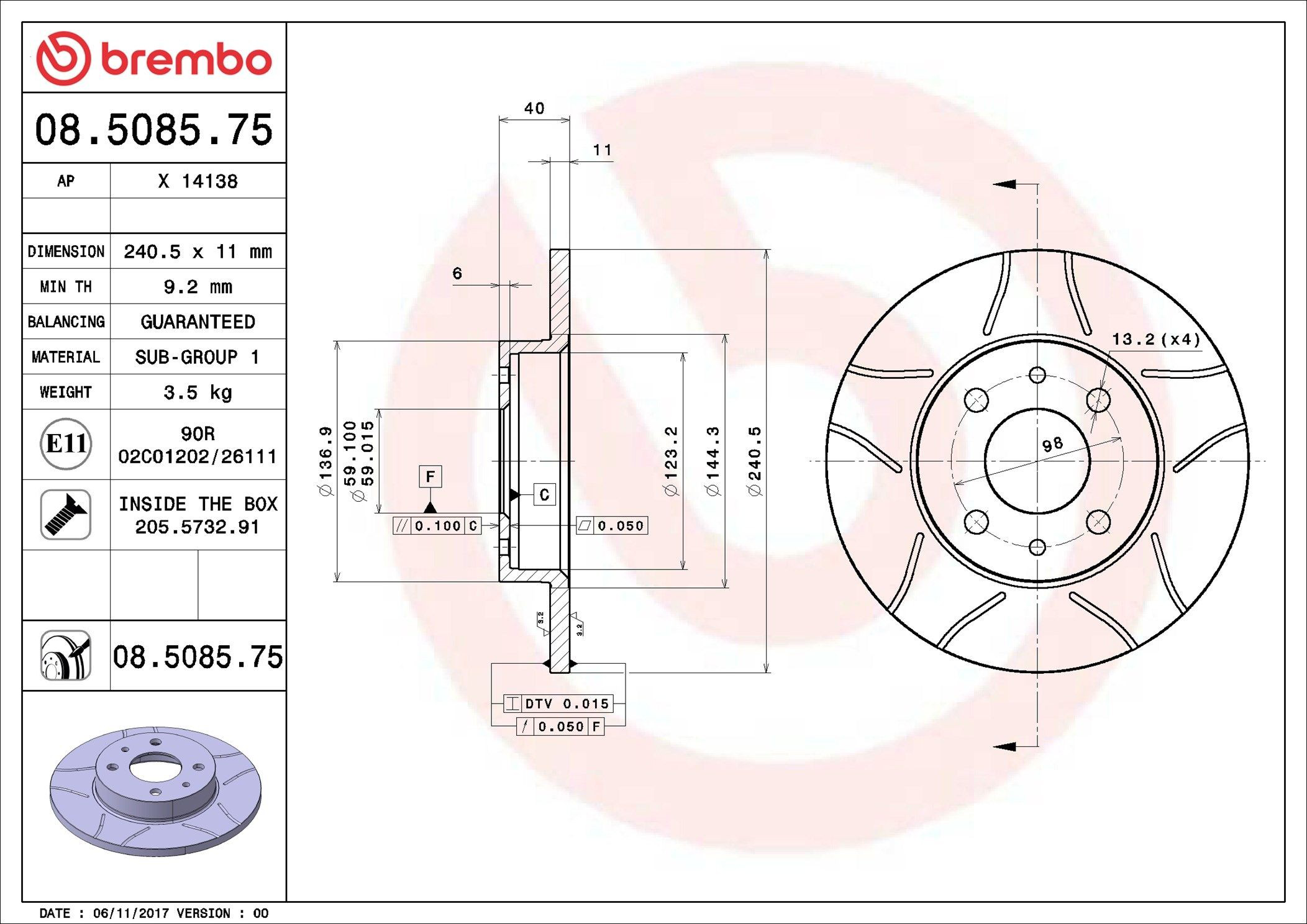 Задний дисковый тормоз Brembo 08508575