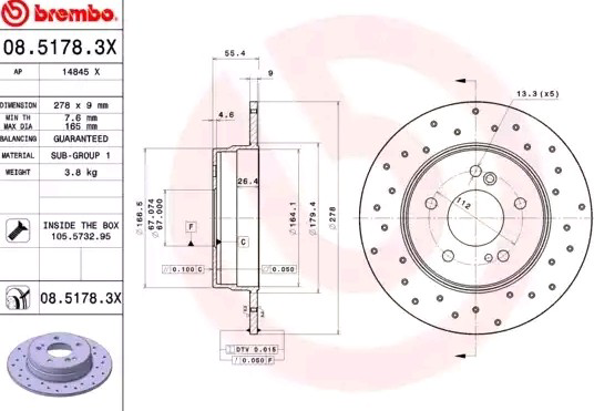 Задний тормозной диск Brembo 0851783X цена, от 40.28 USD