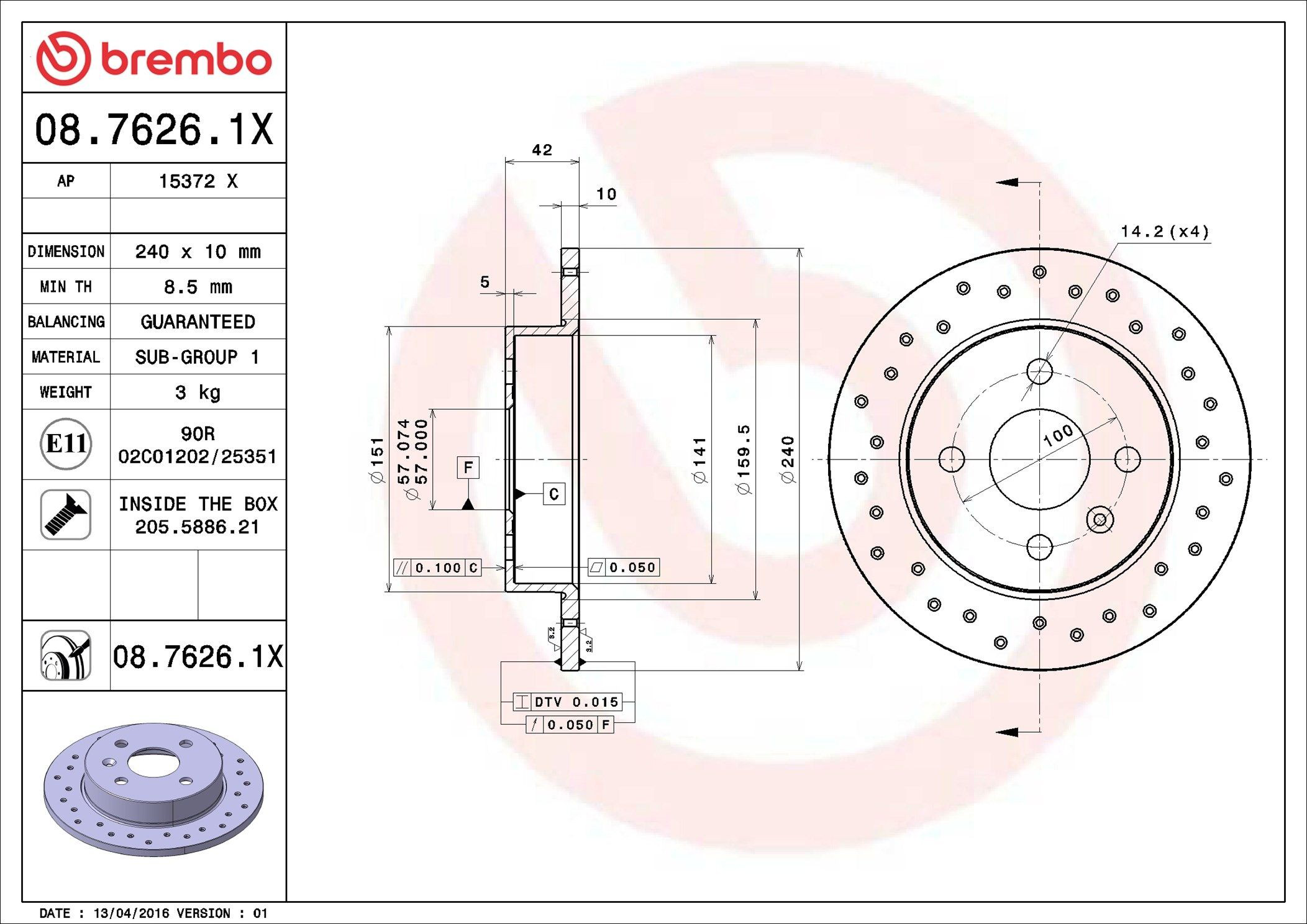Задний тормозной диск Brembo 0876261X цена, от 40.79 USD
