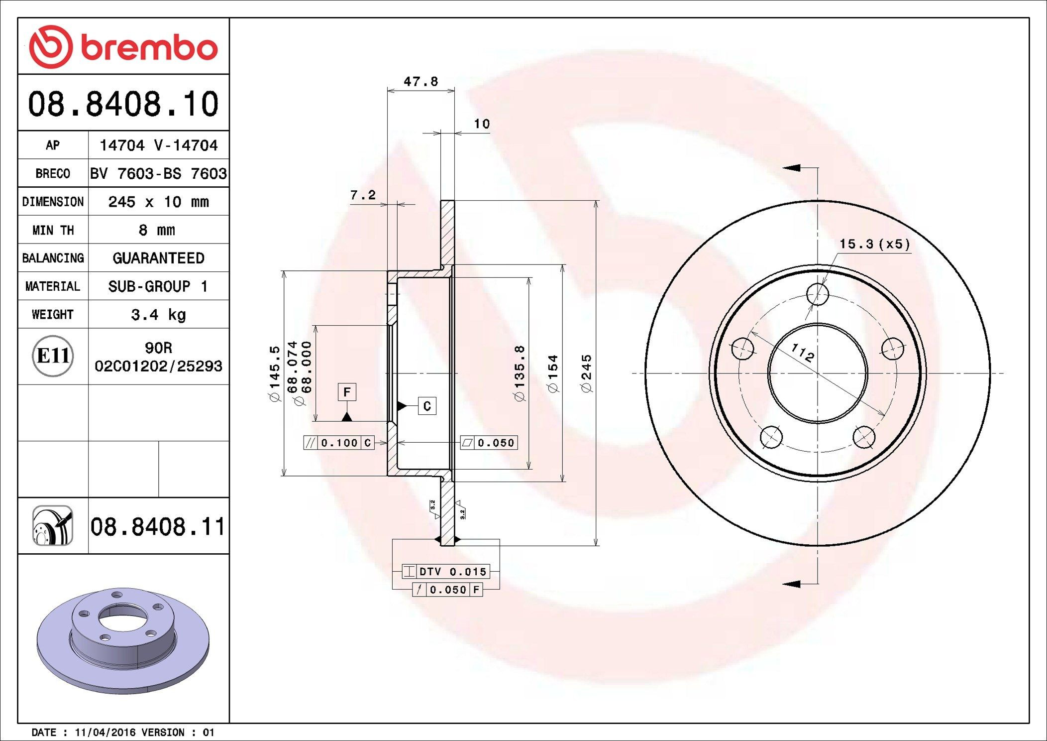 Задний тормозной диск Brembo 08840811 цена, от 27.30 USD