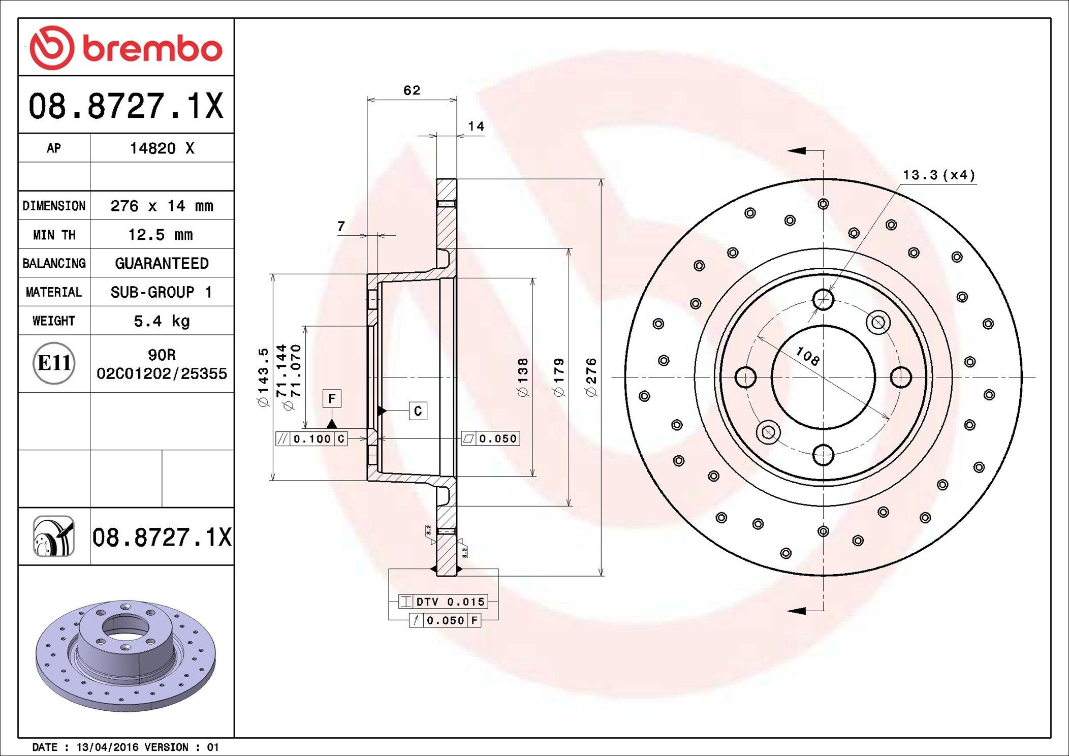 Задний тормозной диск Brembo 0887271X цена, от 32.20 USD