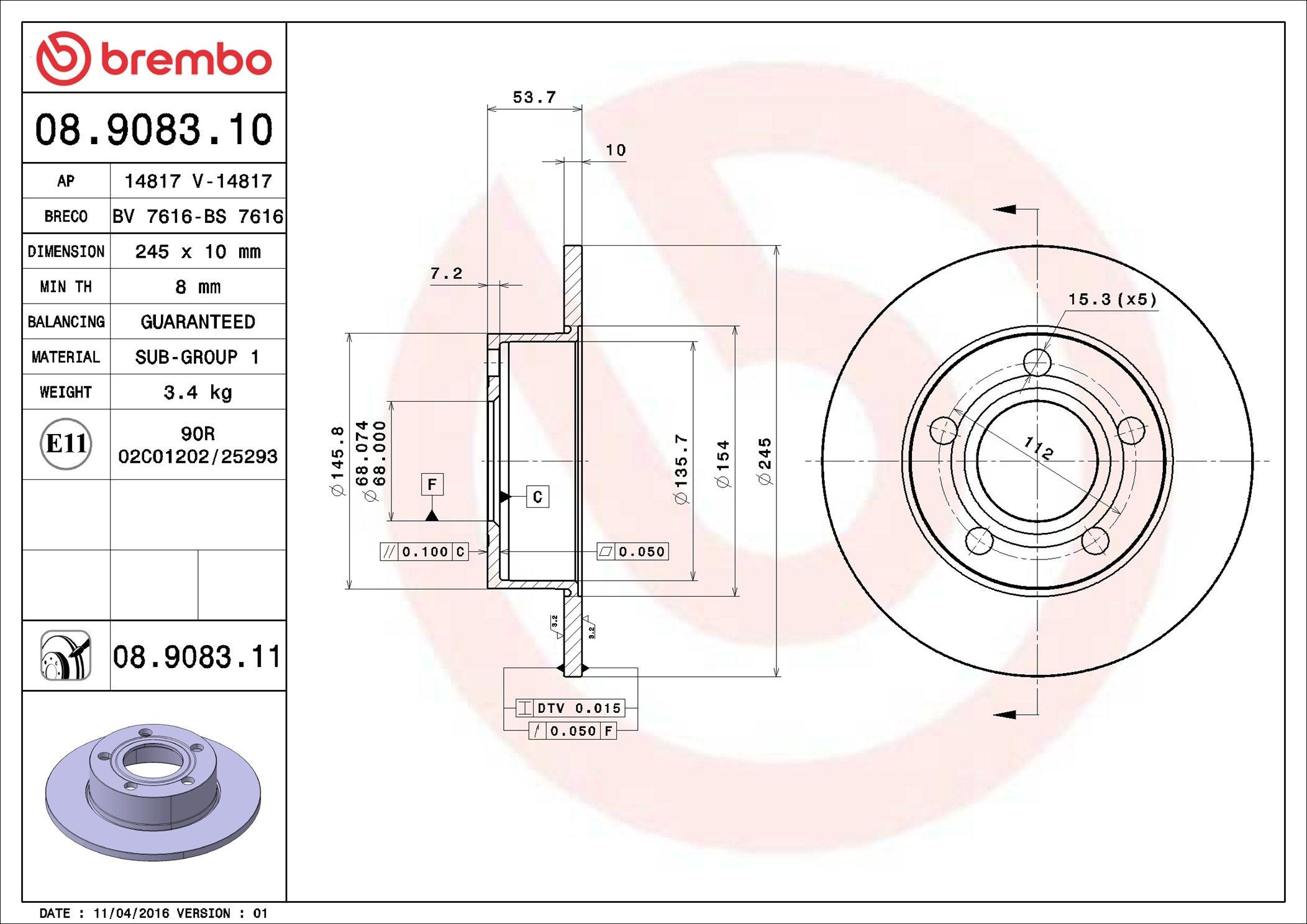 Задний тормозной диск Brembo 08908311 цена, от 39.12 USD
