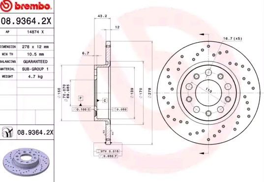 Задний тормозной диск Brembo 0893642X цена, от 38.35 USD