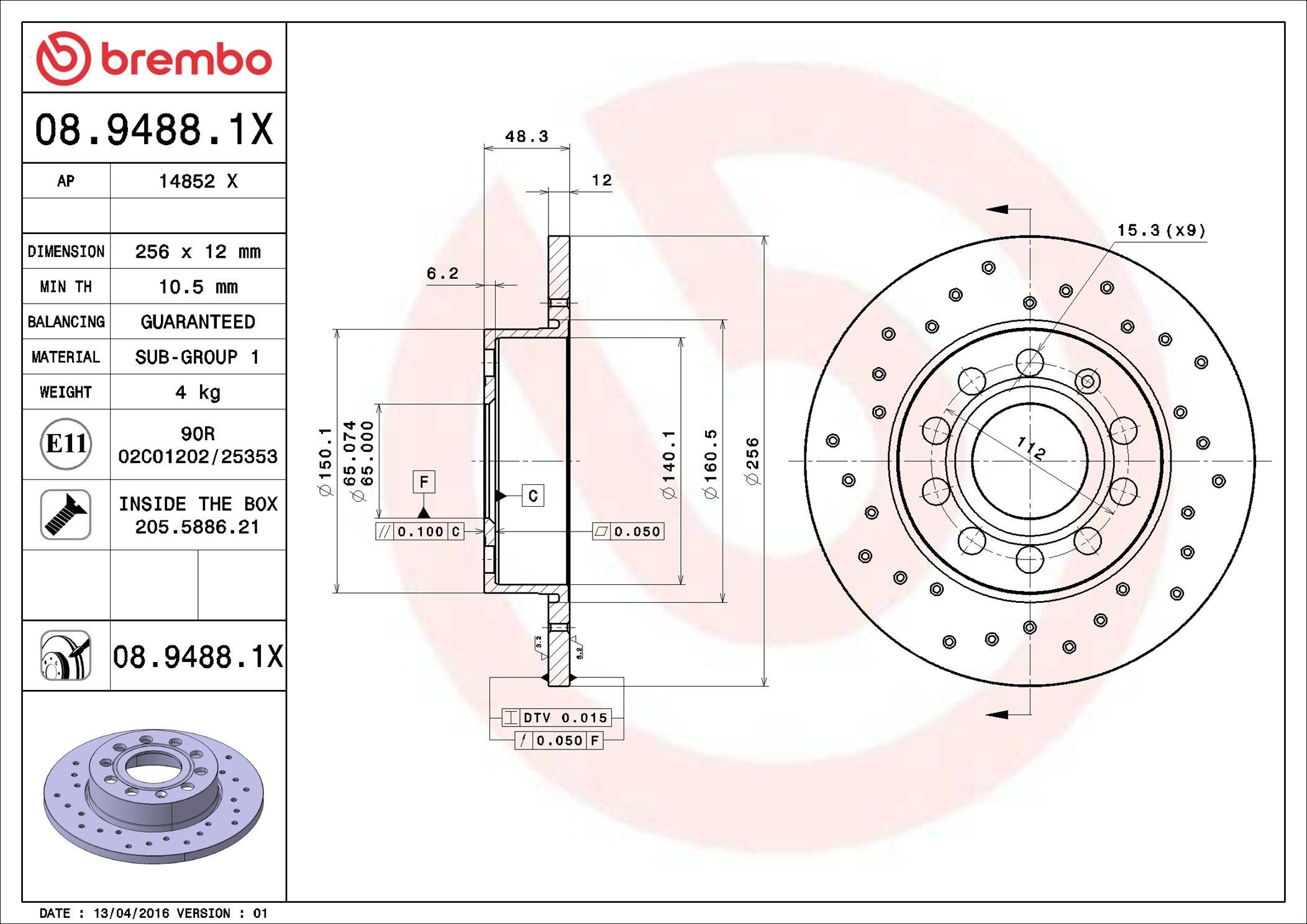 Задний тормозной диск Brembo 0894881X цена, от 32.01 USD