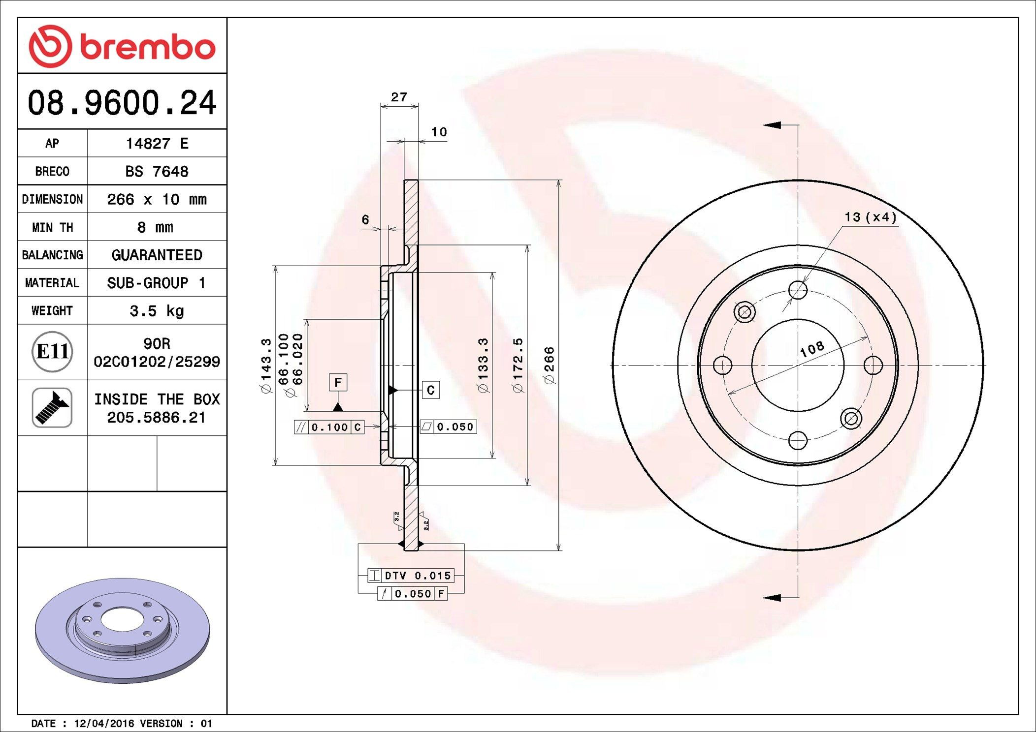 Купить 08960024 Brembo Ротор тормозной
