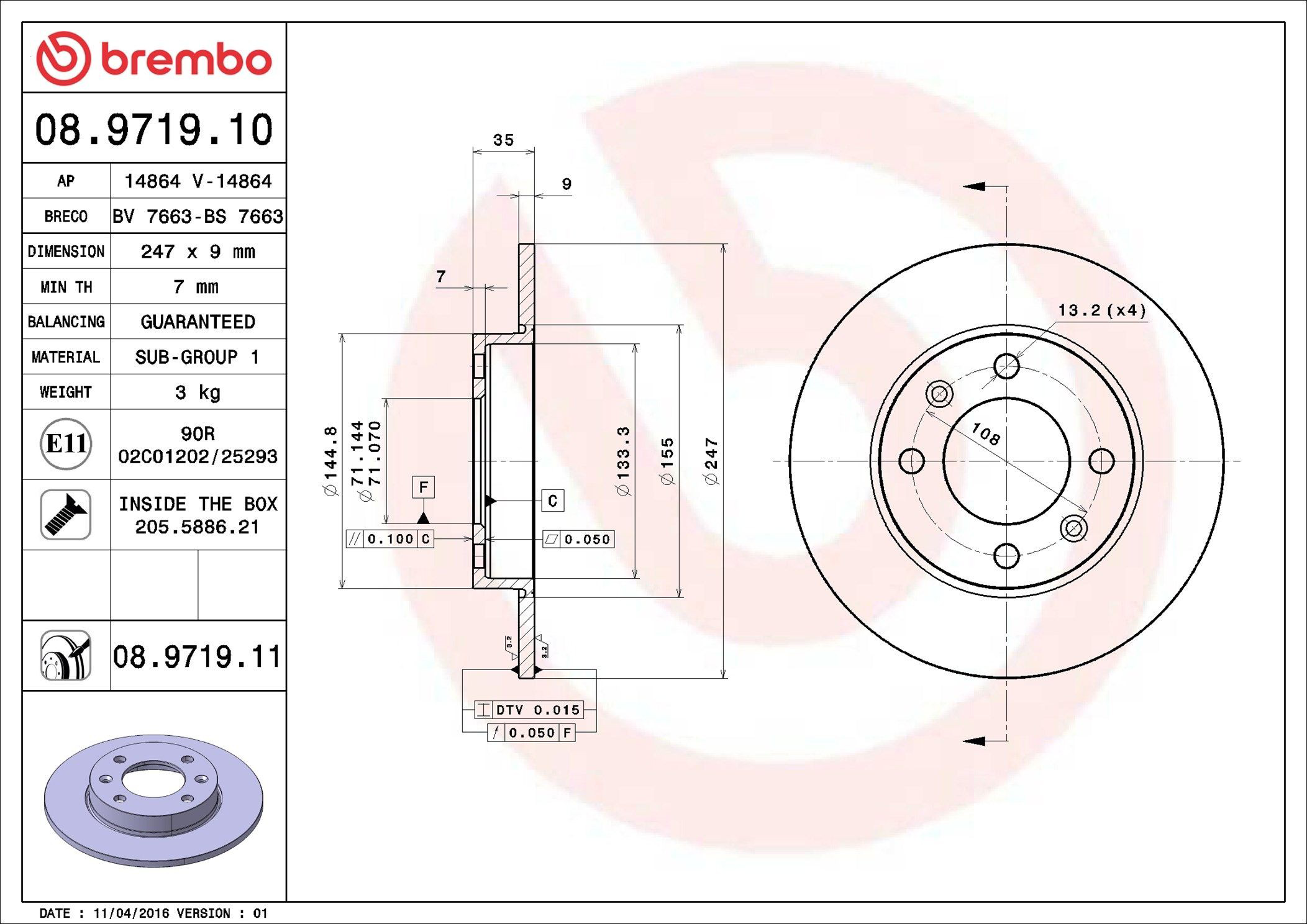 Задний тормозной диск Brembo 08971911 цена, от 25.22 USD
