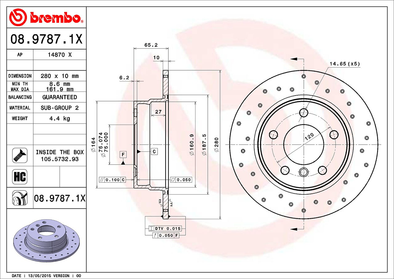 Задний тормозной диск Brembo 0897871X цена, от 39.98 USD