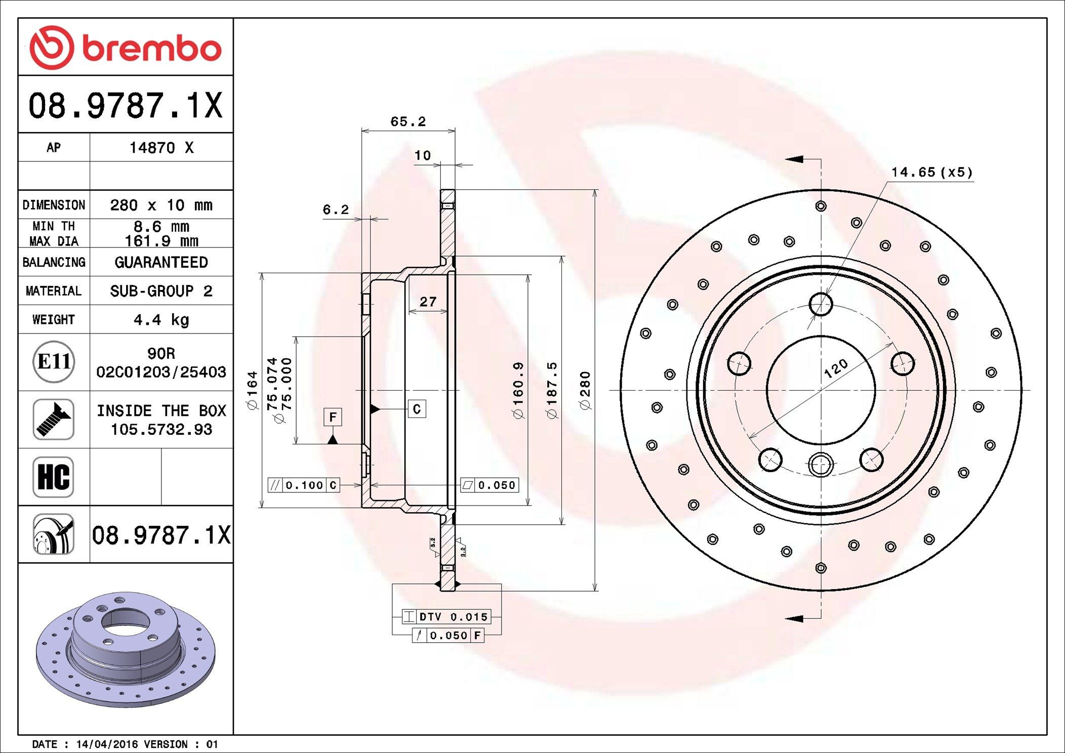 Купить 0897871X Brembo Диск тормозной задний